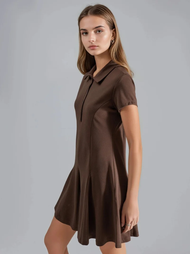 Busem Coffee Brown Crepe Mini Dress with Button Closure and Polo Collar for Women | Best Price UAE